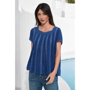 Johnny Was Brigita Blouse Blue Square Neck Eyelet Embroidered Short Sleeve Sz L